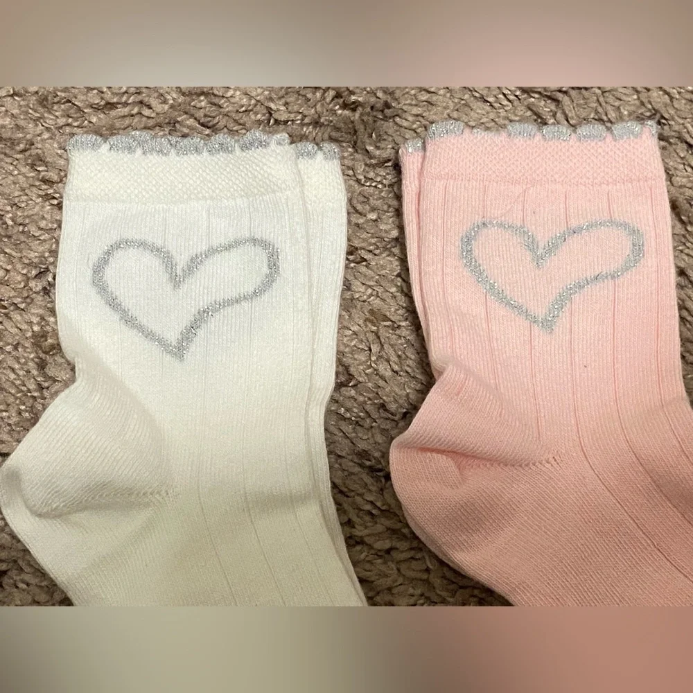 2pc Lot MP Denmark Charming Heart Kids Socks - White & Pink 8 9 10 Shoe Size NWT